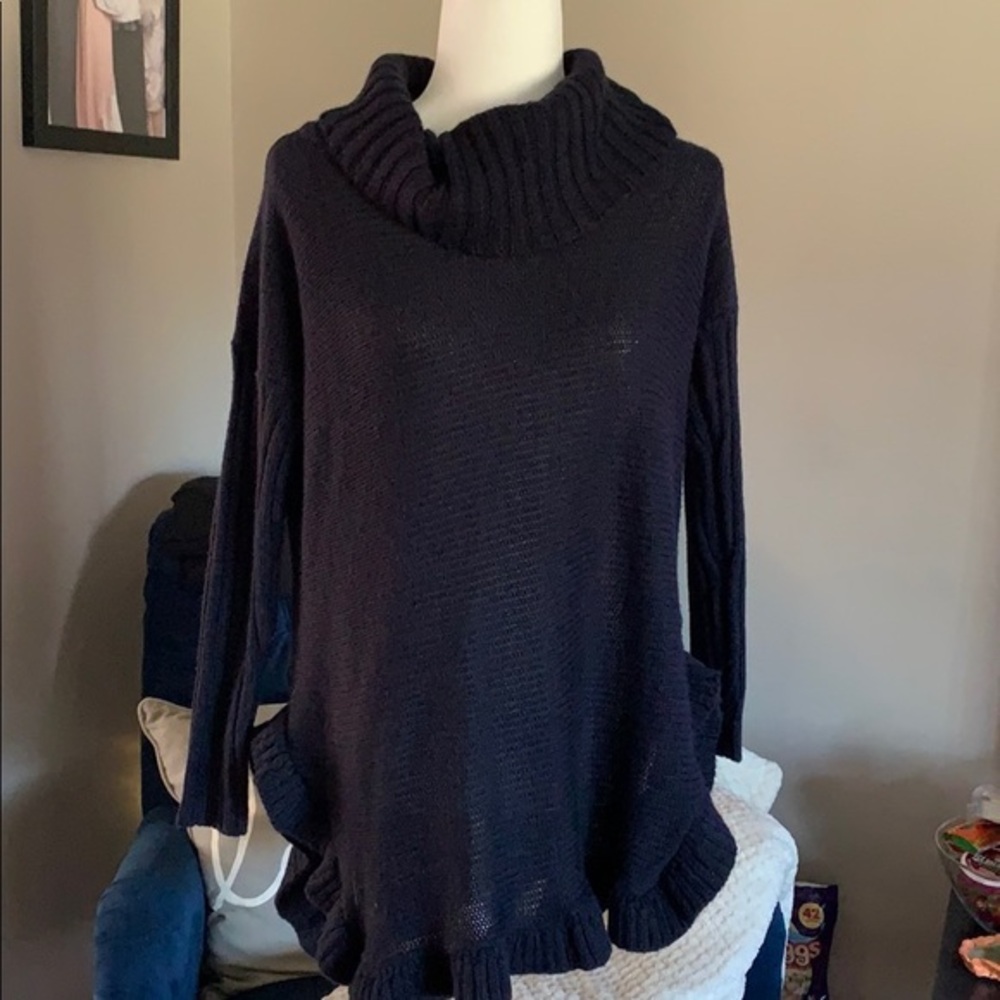 Navy Hi-Lo cowl neck sweater.